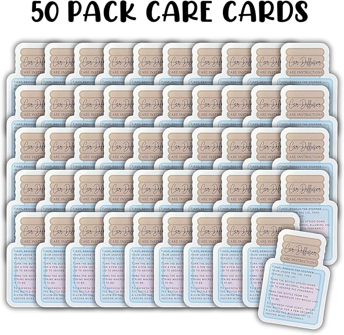 Car Oil Hanging Diffuser Instruction Care Card | 50 Pk 2x3” inches Wooden Bottle Die Cut Shape of Reed Diffuser Oil Bullet Warning Labels Scent for Clients Care Business Cards DIY