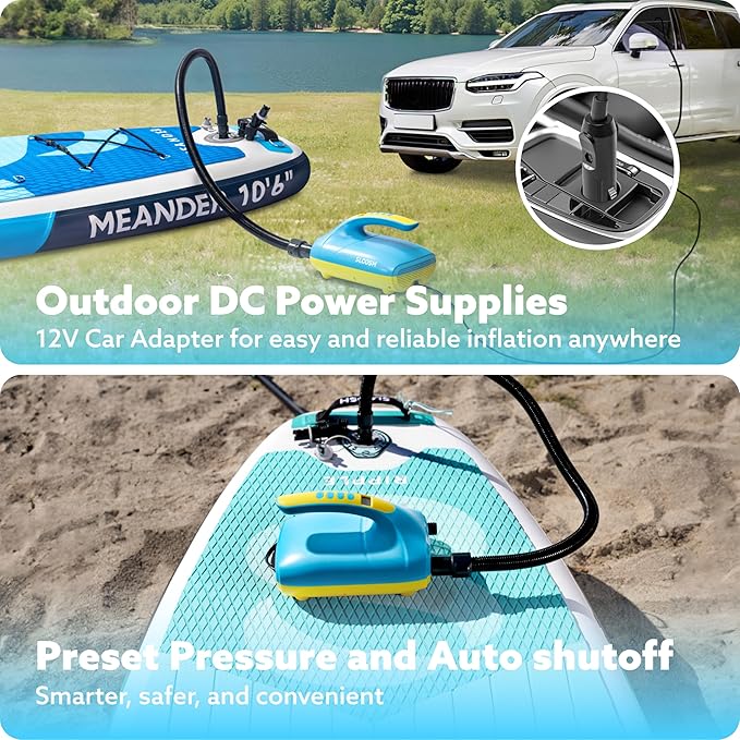 Sloosh Electric Paddle Board Pump, 20 PSI High-Pressure Dual-Stage Inflation SUP Air Pump with Auto-Off Function, 12V DC Car Connector for Inflatable Paddle Boards, Kayaks, Boats, and Air Mattresses