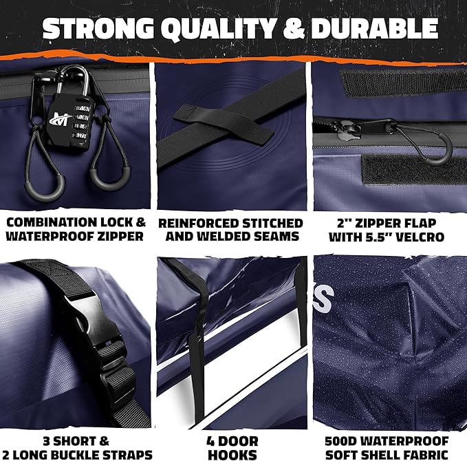 Mockins 30 Cu Ft Navy Car Rooftop Cargo Carrier Bag | 60"x43"x20" Weatherproof 500D Vinyl Car Roof Bag Cargo Carrier for Top of Vehicle | Vehicle Soft-Shell Carriers w/Roof Mat, Lock, Hooks & Straps