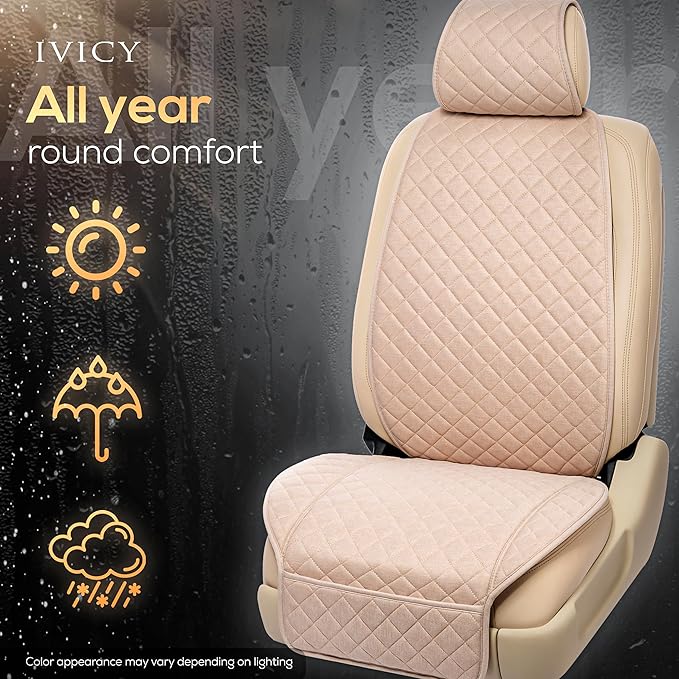 IVICY Faux Linen Front Car Seat Cover – Durable, Non-Slip Seat Protector for Cars – 1 Unit, Light Beige