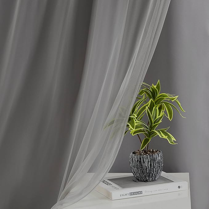 Bujasso Grey 90% Blackout Curtains with Sheer Overlay Mix and Match Double Layer Window Curtains Thermal Insulated 72 inch for Living Room Bedroom Gray Drapes with Tiebacks Grommet Top 37" Wx72 Lx2