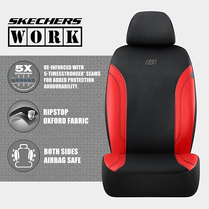 Skechers Car Seat Covers, Work Leather Seat Covers 5-Times Stronger Built-in Webbing, Oxford Fabric Seat Cover Full Sets, Airbag Compatible, Automotive Comfort for Cars, Trucks, SUVs,Red