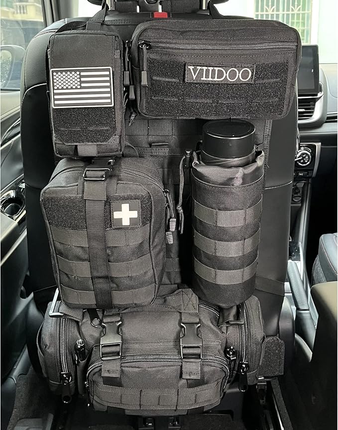 Upgrade Tactical Molle Seat Back Organizer with 5 Detachable Pouches, Universal Car Seat Back Bag Vehicle Organizers Panel Protector for Car Truck Jeep Vehicle (Black)