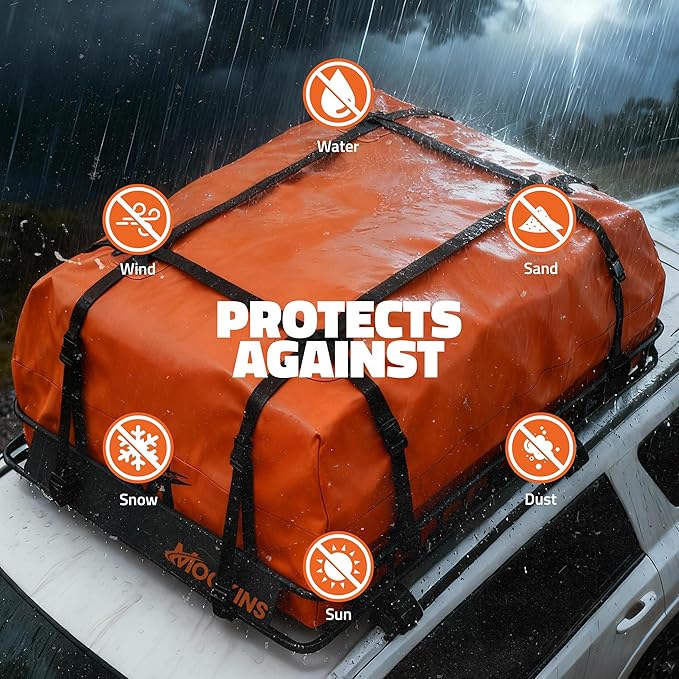 Mockins 50"x36"x4.5" Extendable Rooftop Cargo Carrier & 18 CuFt Orange Waterproof Roof Cargo Bag | 250 Lbs. Capacity Weatherproof SUV & Car Roof Rack Basket with Car Top Carrier Bag & Accessories