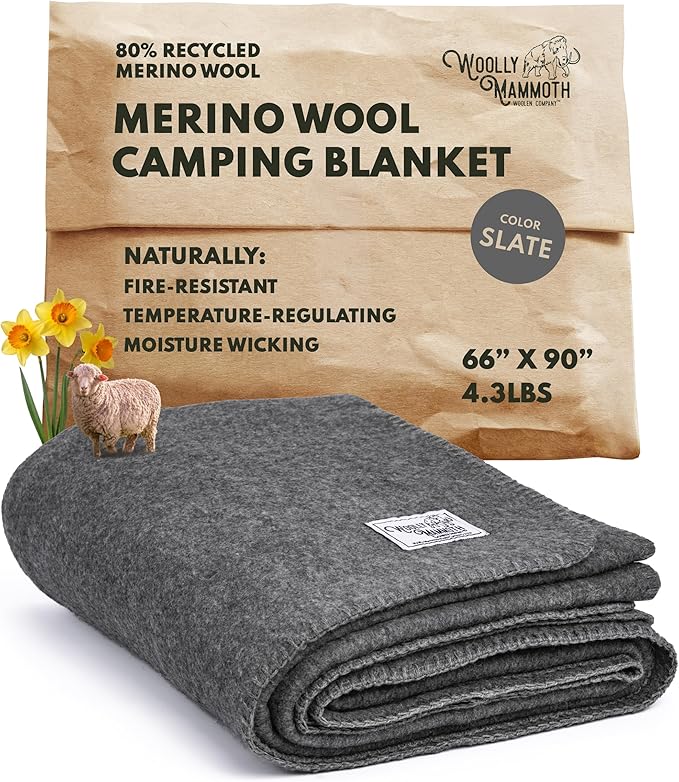 Woolly Mammoth Woolen Co. | Extra Large Merino Wool Camp Blanket | Perfect Outdoor Gear | Bedroll for Bushcraft, Camping, Trekking, Hiking, Survival, or Throw Blanket at the Cabin (Gray), 66" x 90"
