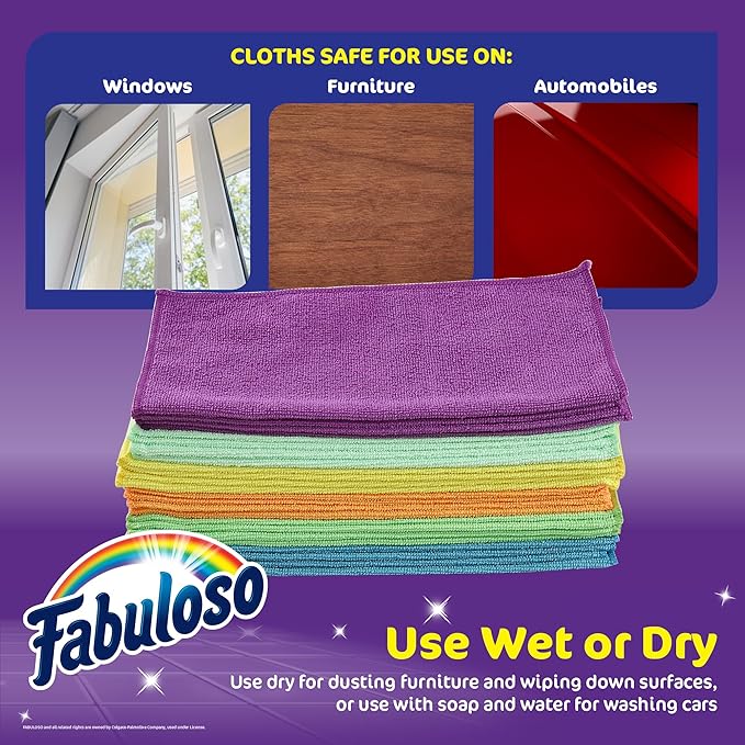 Fabuloso Microfiber Cleaning Cloths for Home & Car, Lint-Free Scratch-Free Rags for Glass, Kitchen & Wood, Reusable Machine Washable, Absorbent for Dusting & Wiping, Rainbow, 13 x 13 in, 24 Count