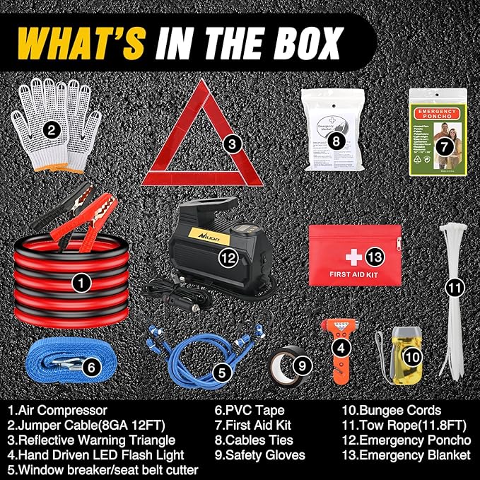 Nilight Car Emergency Kit with Jumper Cable Air Compressor Tire Repair Essential Tools First Aid Alligator Connector Electrical Kit for Travel Camping Outdoor Cars Truck SUV RV