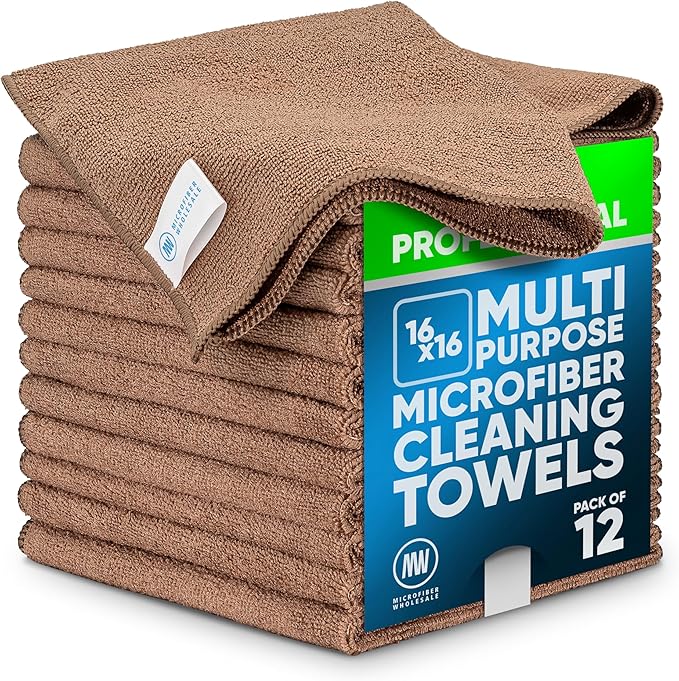 MW Pro Microfiber Cleaning Cloth | Tan | 12 Pack | 16” x 16” | All Purpose Microfiber Towels - Clean, Dust, Polish, Scrub, Absorbent