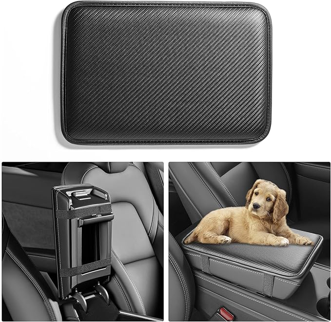 Car Armrest Covers, Vehicle Center Console Cover, Middle Storage Pad, Dog & Cat Paws Protetor, Carbon Fiber PU Leather, Waterproof, Anti-slip, Auto Interior Accessories, Black, Large Size