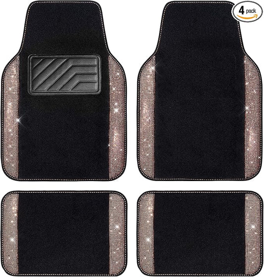 CAR PASS Bling Rhinestone Diamond Car Floor Mat, Crystal Sparkly Shining Glitter Carpet Waterproof Anti-Slip PVC Heel Pad, Universal for Interior Auto SUV,Sedan,Van,4pcs Girl Women Men, Champagne Gold
