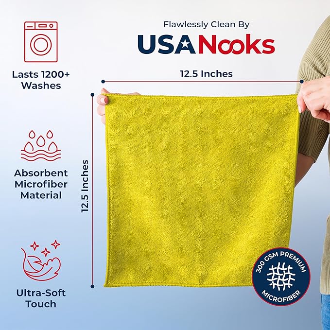 USANOOKS Microfiber Cleaning Cloth Yellow - 50 Pcs 12.5"x12.5" - High Performance - 1200 Washes, Ultra Absorbent Towels Weave Grime & Liquid for Streak-Free Mirror Shine - Car Washing Cloth