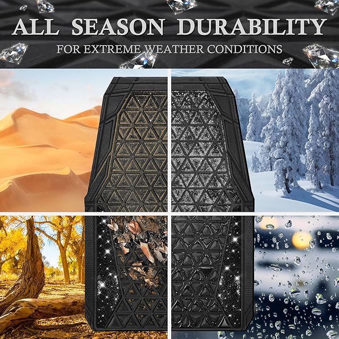CAR PASS Bling Diamond Car Mats Rubber Floor Mats Full Set Anti-Slip 3D Rhombus Waterproof Trim to Fit Liner Universal Glitter Crystal Sparkly Shining Rhinestone Girl Women SUV Sedan, Black Diamond