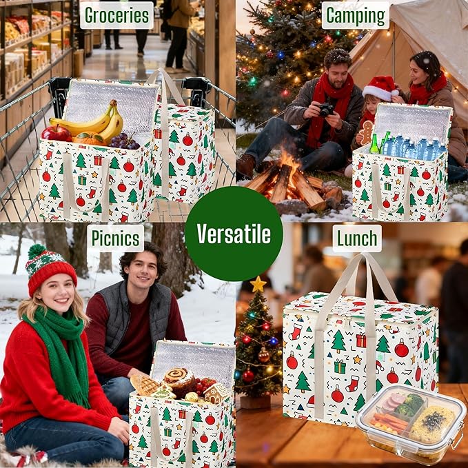 VENO 2 Pack Insulated Cooler Bag for Food Delivery, Reusable Grocery Shopping Bag, Heavy Duty, Large Size, Durable Handles, Double Zippers, Lid, Collapsible (Jingle Mix, 2 Pack)