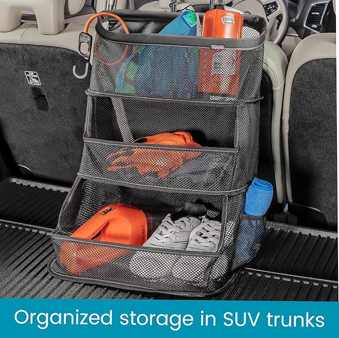 High Road Car Storage and Organization Caddy - SUV Trunk Organizer, Passenger Seat Organizer or Back Seat Storage Caddy With 3 Easy-View Mesh Bins