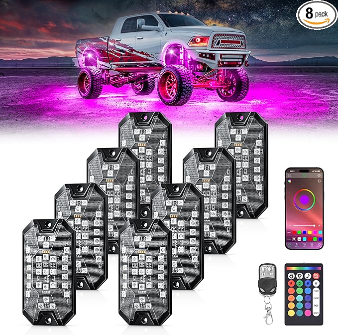 RGB Rock Lights, 8 pods Underglow Neon Lights Kits，APP/RF Remote Control & Music Mode, Waterproof Wireless Multicolor Lamps for Off Road Truck SUV ATV UTV Boat