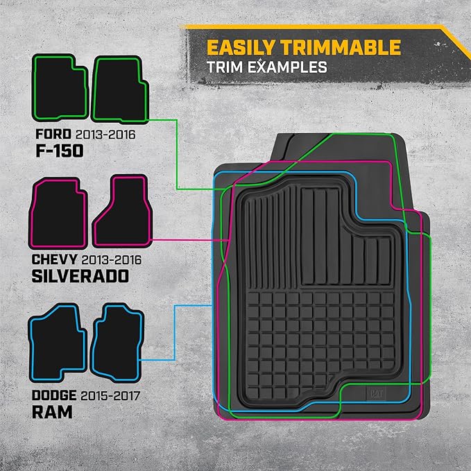 CAT® DuraShield XL Floor Mats for Trucks - All Weather Rubber Truck Floor Mats with Anti-Slip Backing, Universal Trim-to-Fit Car Floor Mats for Large Full-Size Vehicles, Black Floor Mats for Cars