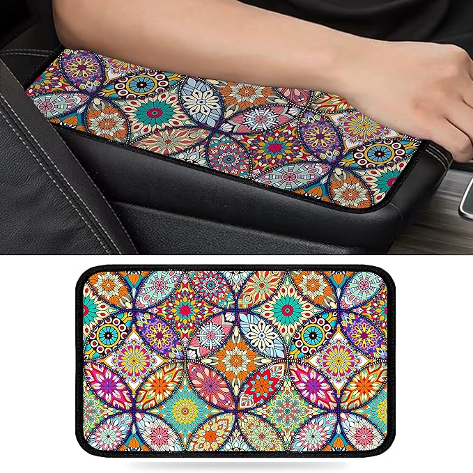 Geometric Mandala Universal Armrest Cover Pad, Car Center Console Cushion Pad, Protect from Pet Claws, Dirt, and Sticky Fingers, Comfortable Car Decor Accessories Fit for Most Cars, Vehicles, SUVs