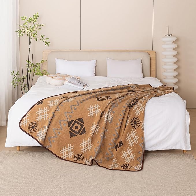 PuTian Merino Wool Blanket - Soft Warm Heavy Washable Large Bed Throw for Outdoor Camping Couch Van Travel Grass, 87x63 Khaki Boho