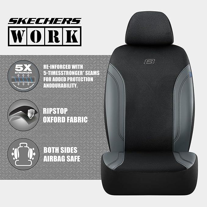 Skechers Car Seat Covers, Work Leather Seat Covers 5-Times Stronger Built-in Webbing, Oxford Fabric Front Seat Covers, Airbag Compatible, Automotive Comfort for Cars, Trucks, SUVs,Grey