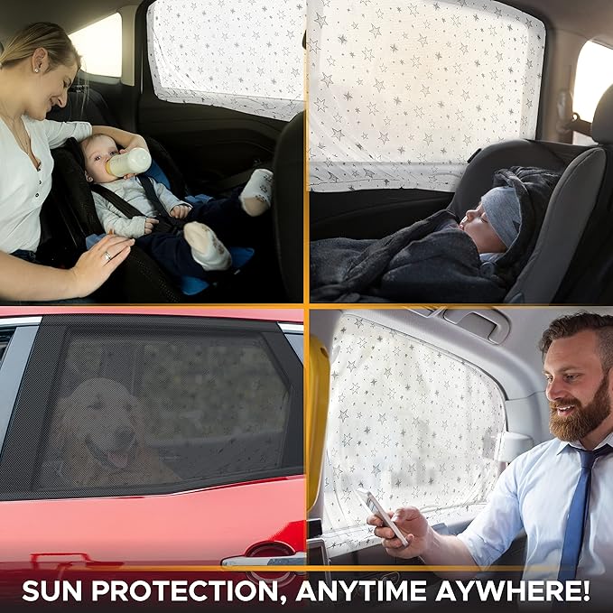 EcoNour Printed Baby Car Window Shades for Side Windows | Sun Shade for Heat & UV Protection | Adjustable Elastic Fabric Material | Rear Side Window Sunshade for Car | Pack of 2 (Large 40"x23")