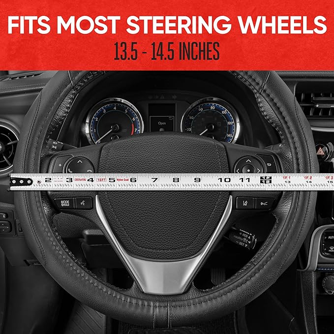 Motor Trend GripDrive Faux Black Leather Steering Wheel Cover for Car Truck Van SUV, Standard 15 inch Size, Solid Black Stitched Car Steering Wheel Cover Vehicle & Auto Accessories