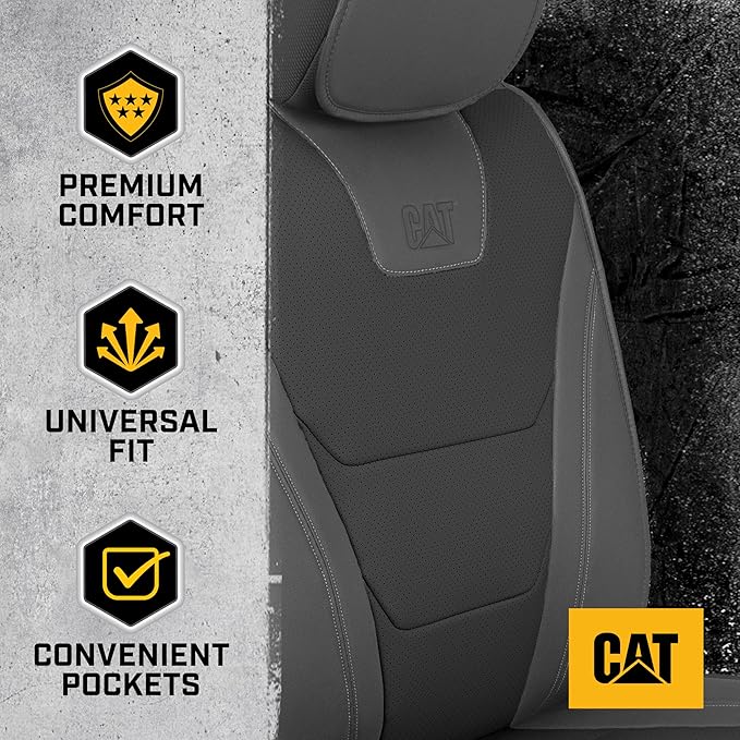 Cat® Edge Deluxe Faux Leather Car Seat Covers – Full Set (2 Front + 1 Rear Bench) – Semi-Custom Universal Fit, Two-Tone Black – Rugged Automotive Interior Covers for Cars, Trucks & SUVs
