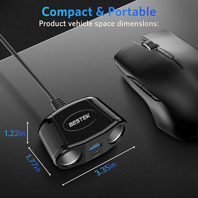 BESTEK 4 in 1 Cigarette Lighter Splitter-150W Cigarette Lighter Adapter with Dual 12v Splitter QC3.0 and USB-C PD30W, Cigarette Lighter USB Charger Fast Charger for Dash Cam, GPS, iPad/Laptop/Phone