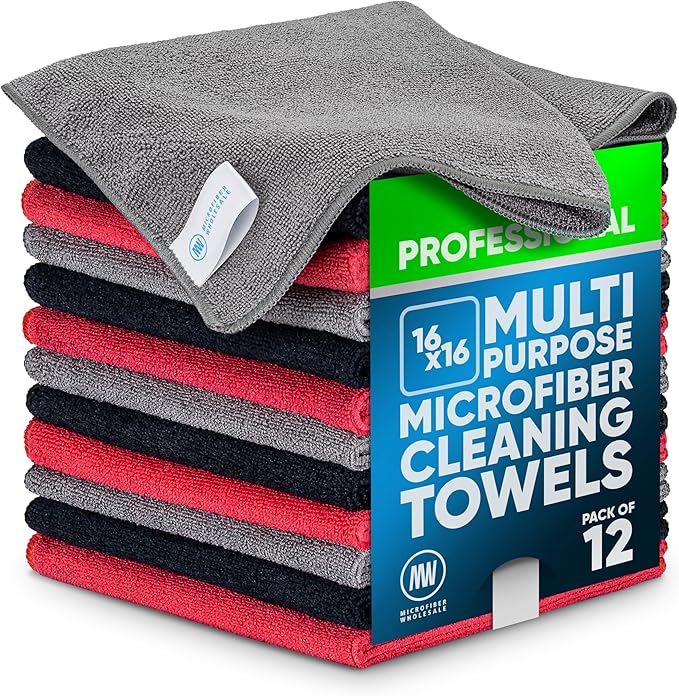 MW Pro Microfiber Cleaning Cloth | Black, Red, Gray (12 Pack) | Size 16" x 16" | All Purpose Microfiber Towels - Clean, Dust, Polish, Scrub, Absorbent