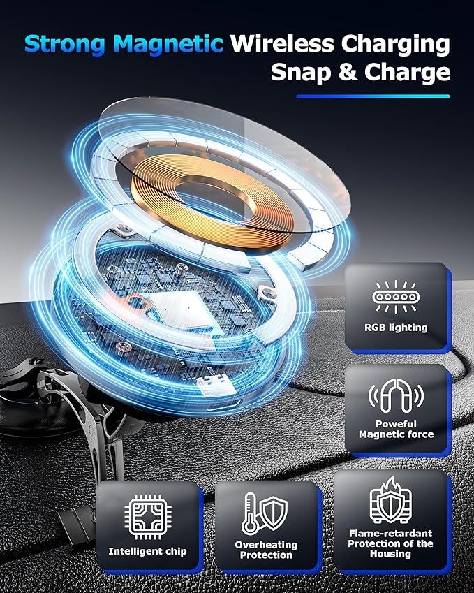 ZBF Magnetic Wireless Charging Car Phone Holder with 15W Fast Charging & Strong Vacuum Suction, 360° Rotatable Dashboard & Windshield Mount for Magsafe iPhone 17/16/15/14/13 Android Galaxy S24/S23/S22