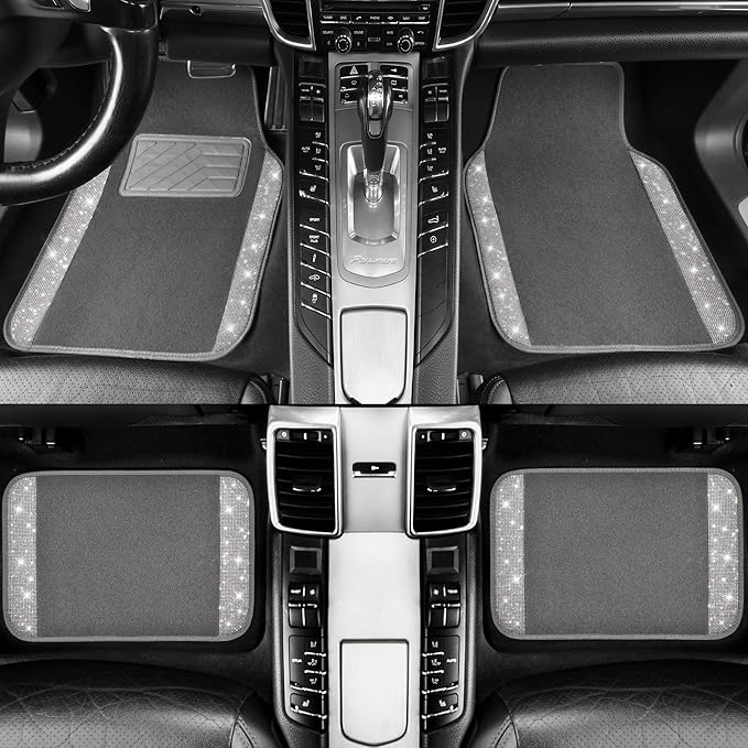 CAR PASS Bling Diamond Car Mats Shining Carpet Crystal Rhinestones Sparkly Glitter Floor Mats with Anti-Slip PVC Heel Pad Universal Fit for Automotive SUV, Sedan, Car, Van, 4pcs for Girl Women, Gray