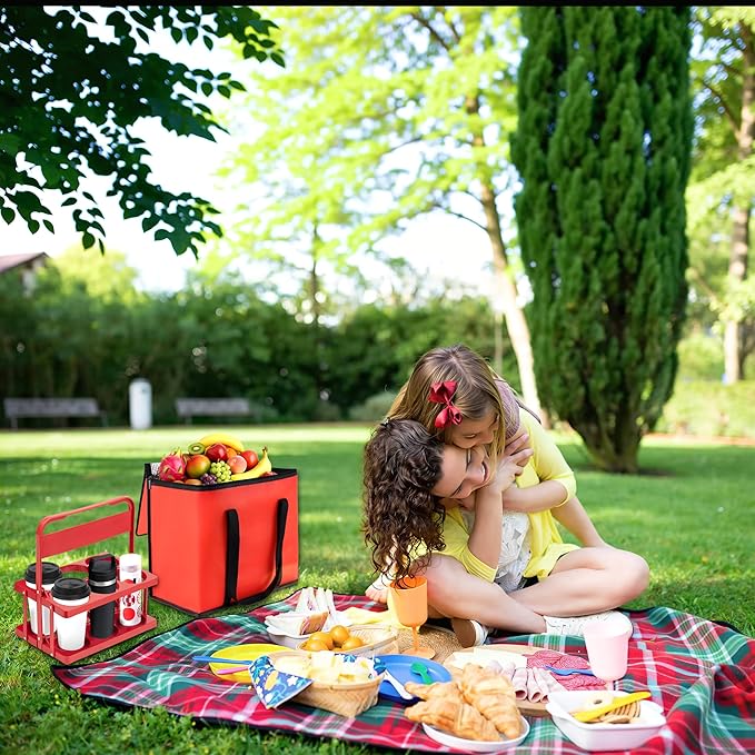 Reusable 6 Cup Drink Carrier with Handle and Insulated Food Delivery Bag, Portable Plastic Cup Caddy, 26L Grocery Cooler Box for Car Delivery, Travel, Picnic