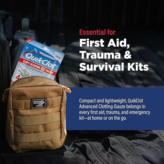 Adventure Medical Kits QuikClot Advanced Clotting Gauze - Stops Bleeding Up to 5X Faster Than Standard Gauze - Kaolin Hemostatic Dressing - for First Aid Kits & Survival Gear - 3 x 48