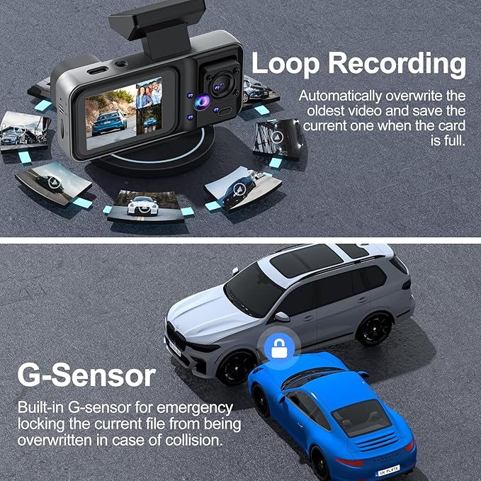 4K 3 Channel Dash Cam with 64GB Card, 4K+1080P+1440P Dash Cam Front and Rear Inside, Dash Camera for Cars with Motion Detection, 24H Parking Mode, Super Night Vision, Loop Recording