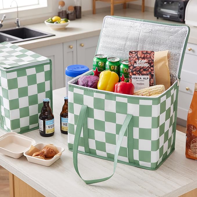 Checkered Insulated Grocery Bags 2 Pack, Checkerboard Cooler Shopping Bags for Groceries, Insulated Bags for Food Delivery