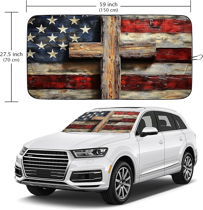 Vintage Flag Car Windshield Sun Shade Foldable Sunshade Front Window Cover Sun Visor Protector Accessories (59x27.5 inches)