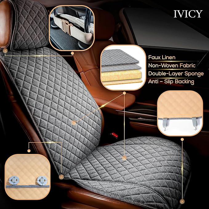 IVICY Faux Linen Front Car Seat Cover – Durable, Non-Slip Seat Protector for Cars – 1 Unit, Cool Gray