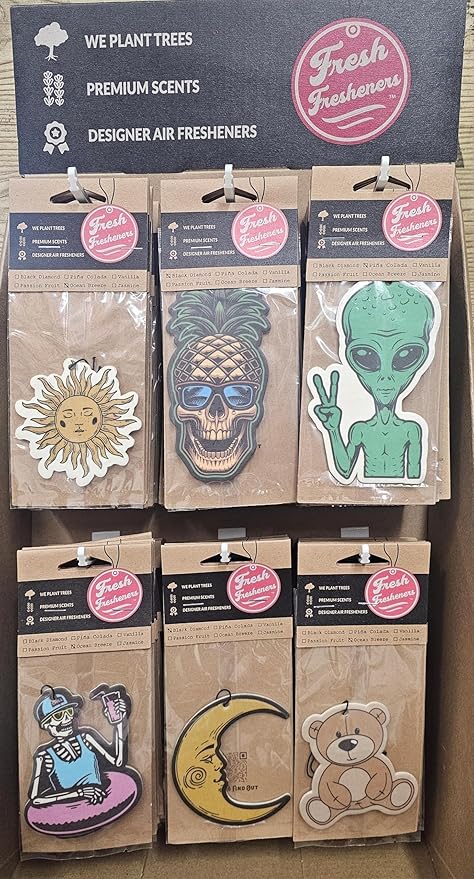 Generic Fresh Fresheners - Designer Air Fresheners 6pk You'll receive a mix of 3-4 random scents from: Black Diamond, Ocean Breeze, Green Tea, Jasmine, Vanilla, and Passion Fruit
