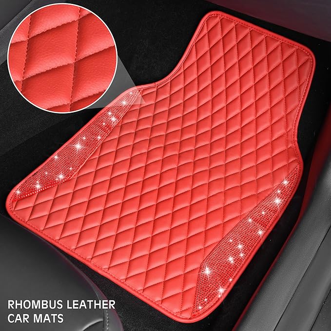 CAR PASS Bling Leather Car Mats Shining Diamond Floor Mats Crystal Rhinestones Sparkly Glitter Carpet Anti-Slip Waterproof Pad Universal Fit for Automotive SUV, Sedan, Van, 5pcs for Girl Women Red