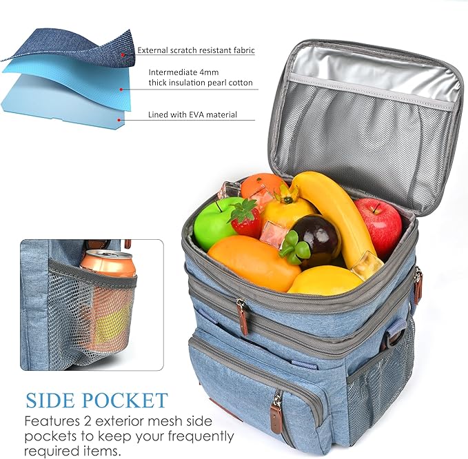 MIYCOO Lunch Bag & Lunch Box for Men Women, Double Deck Leakproof Insulated Soft Large Adult Camping Cooler bag for Work, Beach, Picnic, Travel (Blue, 15L)