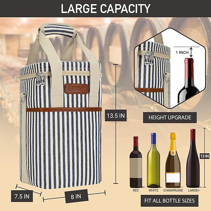 Opux 4 Bottle Insulated Wine Cooler Bag - Portable, Leakproof Padded Carrier for Travel, Picnic, BYOB - Navy White Stripe