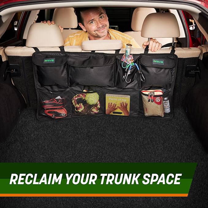DRIVE - Back Seat Trunk Organizer, Space Saving Hanging Car Organizer, Collapsible Car Storage Bag with 8 Large Pockets for SUV, Black