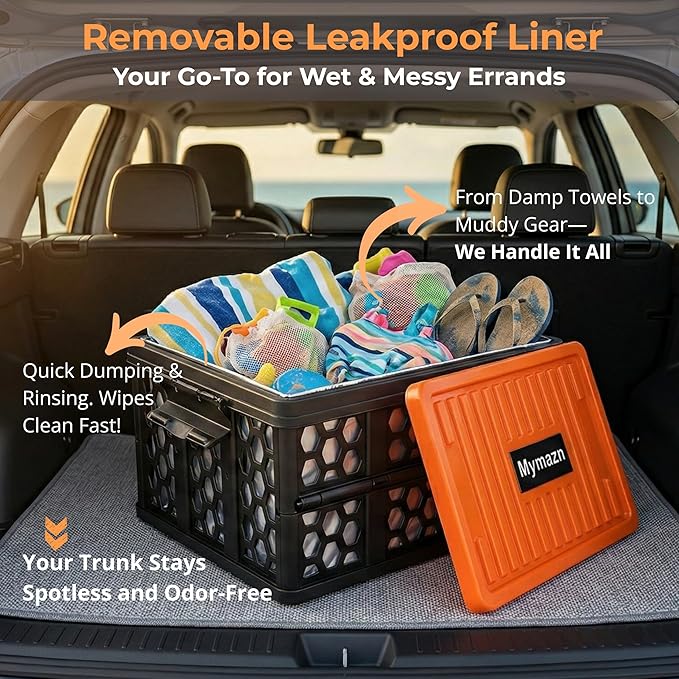 Mymazn Trunk Organizer Plastic for Car, Crate Storage Collapsible Car Organizer for SUV, Groceries, Camping | with Lid, Waterproof Bag, Optional Insulated Cooler(Orange)