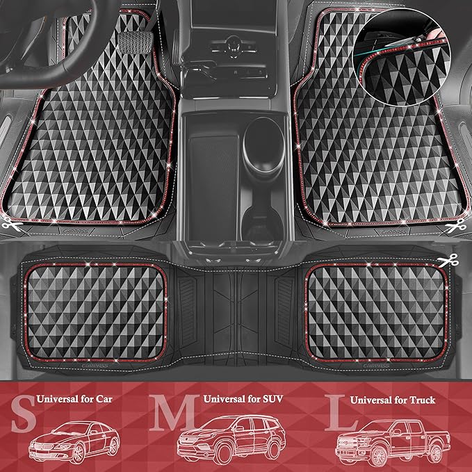 CAR PASS Bling Diamond Rubber Car Mats, Heavy Duty Deep Dish All-Weather Floor Mat Full Set Anti-Slip 3D Rhombus Waterproof Trim to Fit Liner Universal Glitter Sparkly Shining Rhinestone, 3 Pcs Red