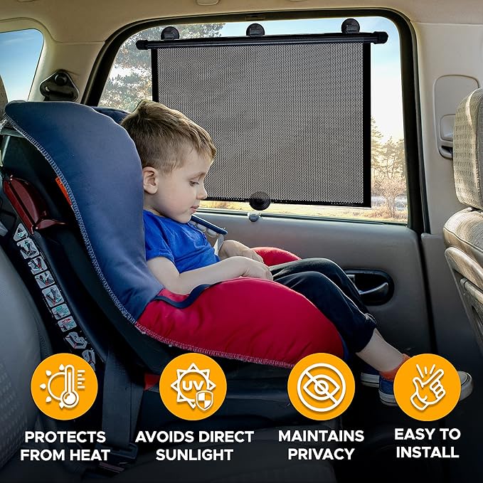 EcoNour Window Shades for Car Baby (2 Pack) | Retractable car Window Shade for Baby for Sun Protection for Kids, Passengers & Pets in The Back Seat | Car Window Covers for Trucks | (20”x22”)