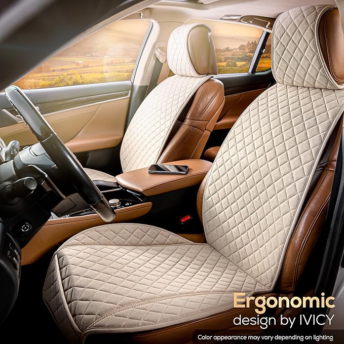IVICY Faux Linen Front Car Seat Cover – Durable, Non-Slip Seat Protector for Cars – 1 Unit, Light Beige