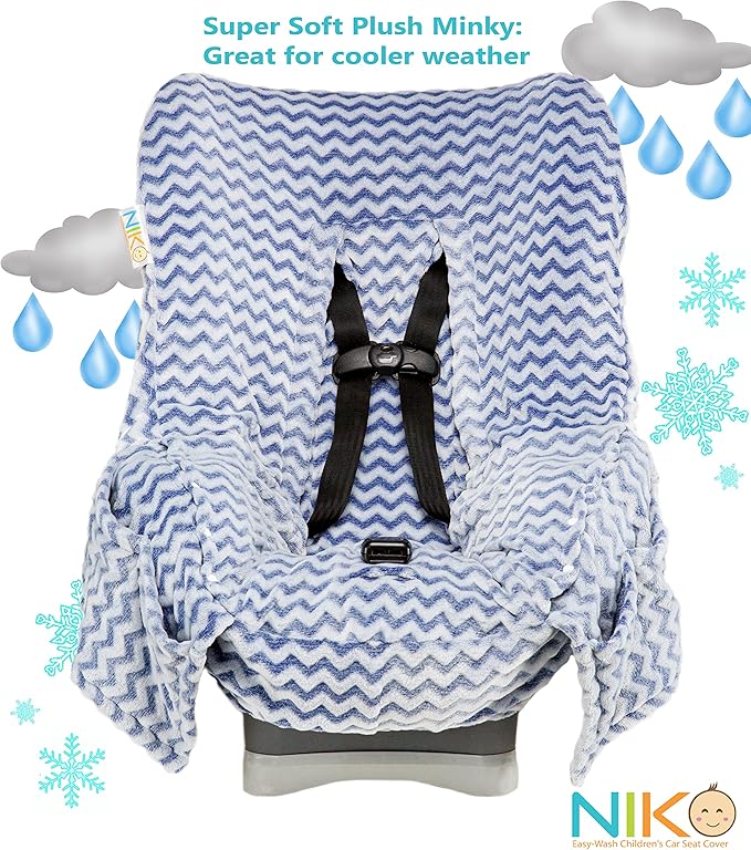 Niko Easy Wash Children's Car Seat Cover & Liner - Blue Chevron Minky - Great for Winter Weather - Universal FIT - Crash Tested - Waterproof SEAT Bottom - Mess Protection - Machine Washable