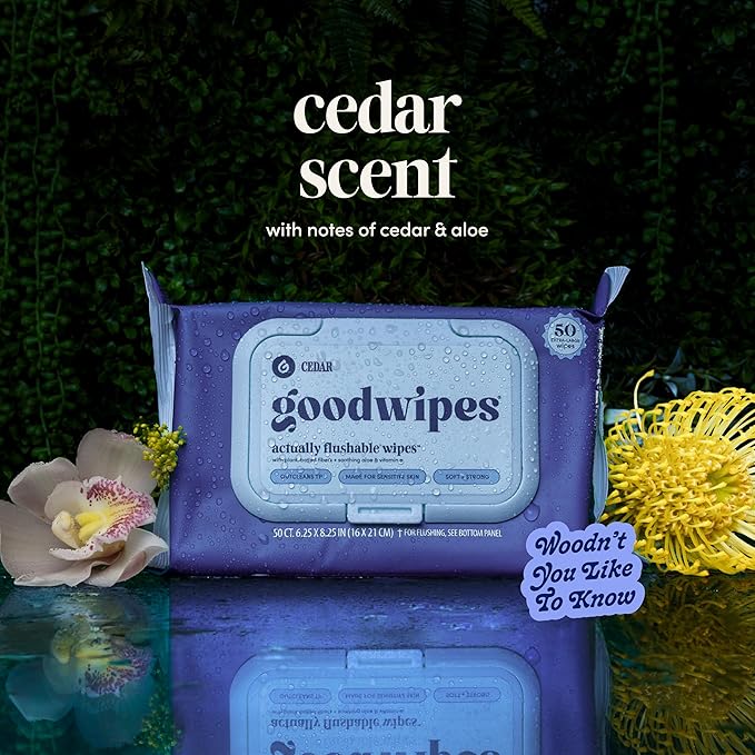 goodwipes Flushable Butt Wipes - Vitamin E & Aloe - Sewer & Septic Safe - Extra Large Adult Wet Wipes For Women & Men - Bathroom Essentials - Cedar, 153 Count (3 Packs + 3 Individually Wrapped)