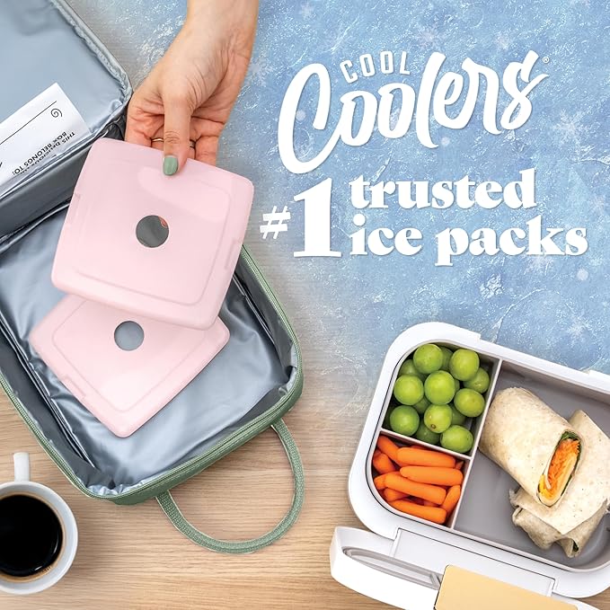 Cool Coolers by Fit & Fresh Slim Ice Packs, Quick Freeze Reusable Ice Packs for Lunch Boxes & Coolers, Long-Lasting, Space Saving Lunch Ice Packs, Light Pink, 4Pk
