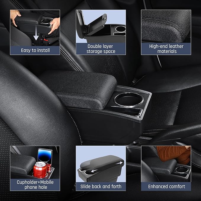 Car Armrest Box for Nissan Almera Versa 2012-2019 Auto Accessories Center Console Leather Arm Rest Double-Layer Storage Space with Cup Holder (Black Thread)