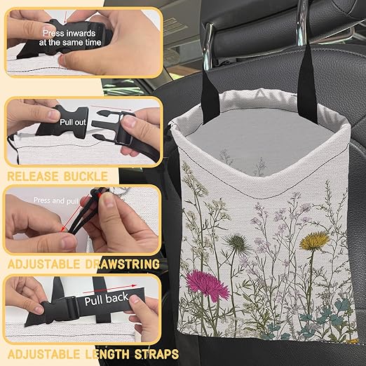 Wild Herb Flower Car Garbage Bag,Vintage Botanical Flowers Small Car Trash Bag Hanging Back of Seat,Drawstring Car Trash Bag with Adjustable Buckle,Car Accessories for Camping Travelling